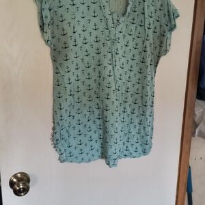 No Boundaries Mint Green Anchor-Print Short Sleeve Blouse